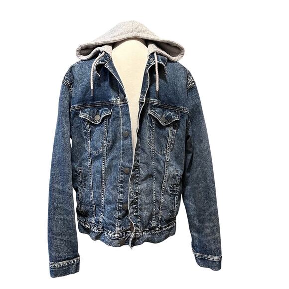 American Eagle Hooded Denim Jacket - Size L, Grey Drawstring Hood, Pre-Owned - Picture 1 of 10
